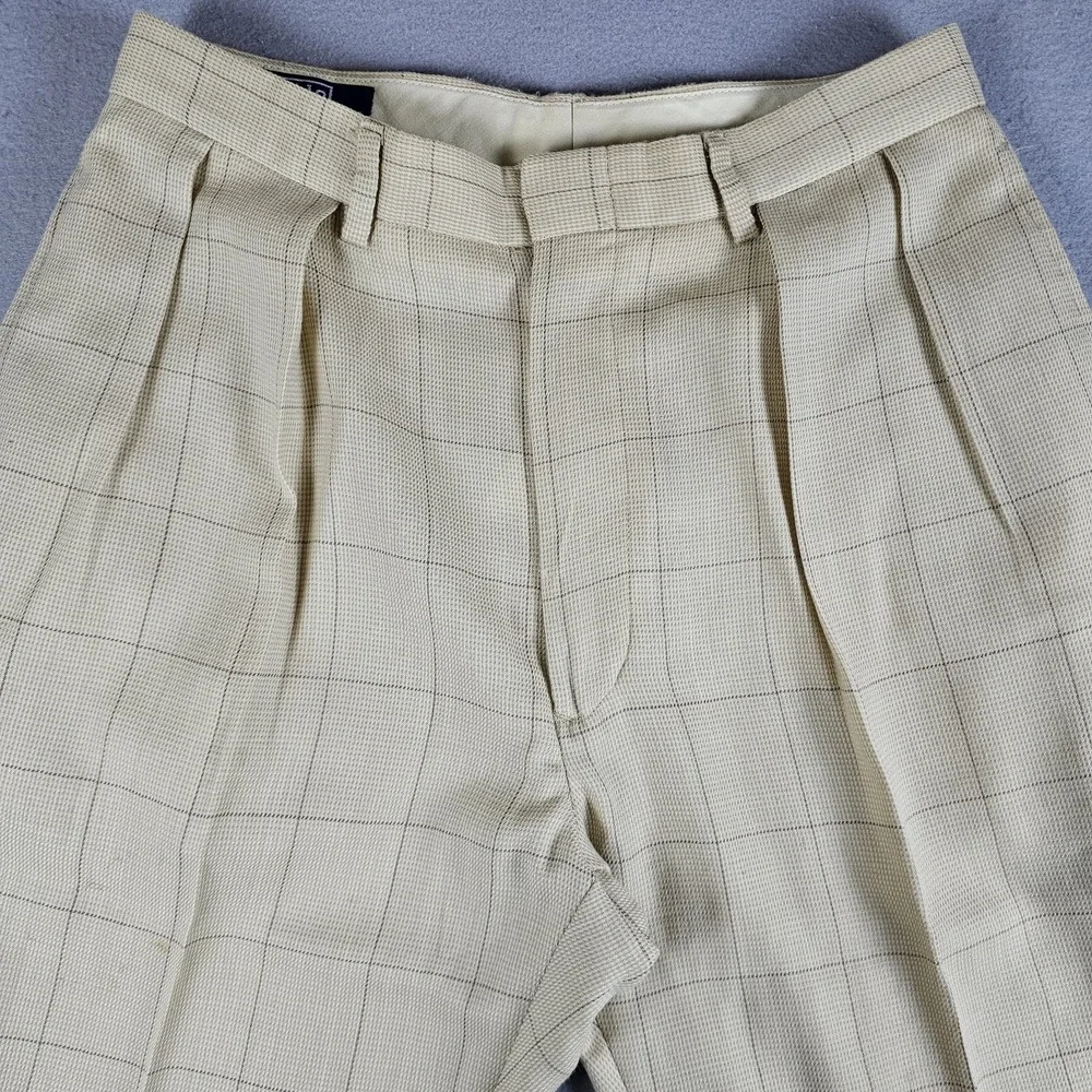 VTG Polo Ralph Lauren Pants Mens 31x26 Beige Windowpane Wool Pleated Cuffed USA